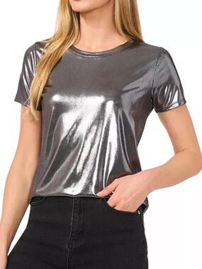 CeCe Metallic Shine Short Sleeve Tee Top